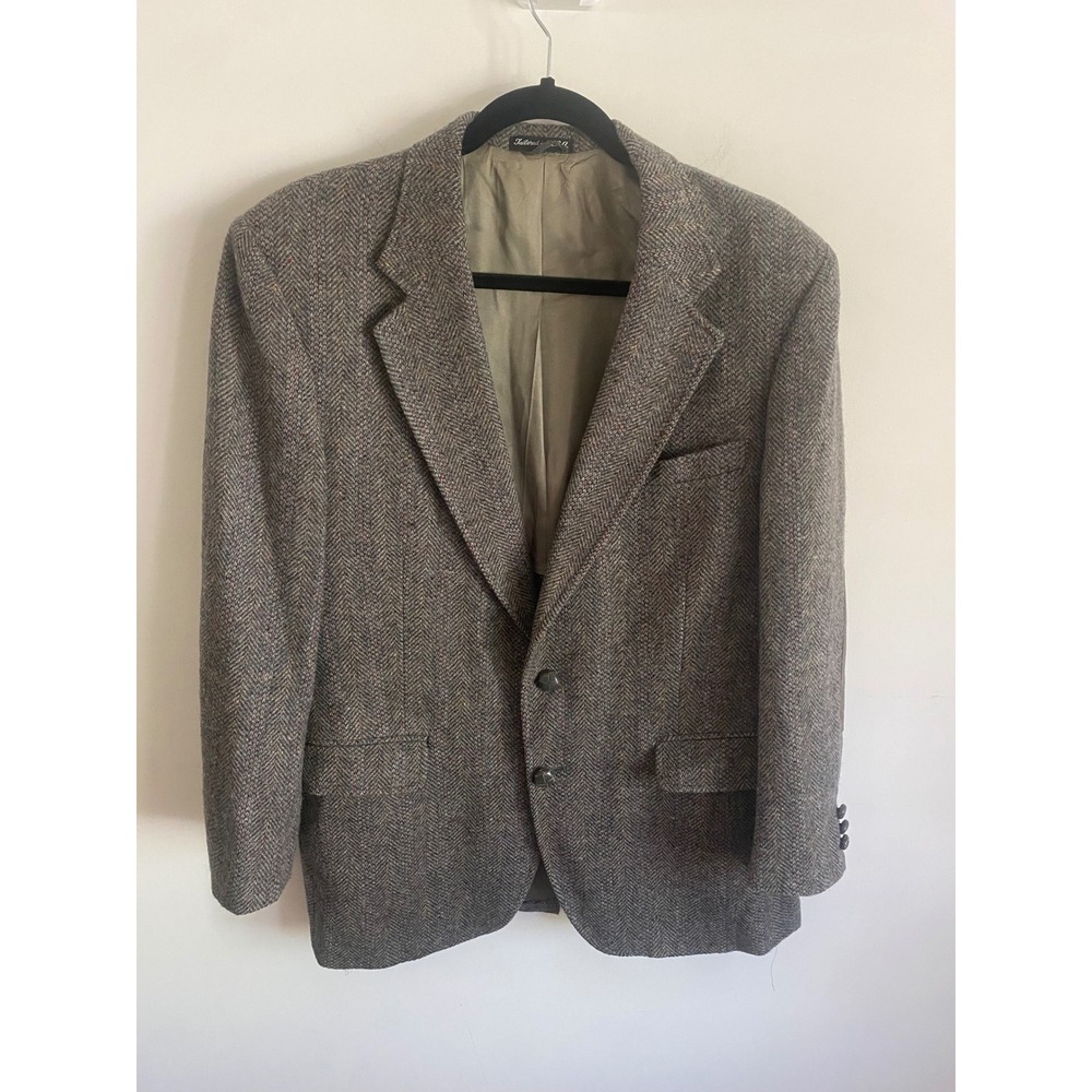 Stafford Hampshire Men Grey Herringbone Wool Blazer Suede Elbow Patches USA Made